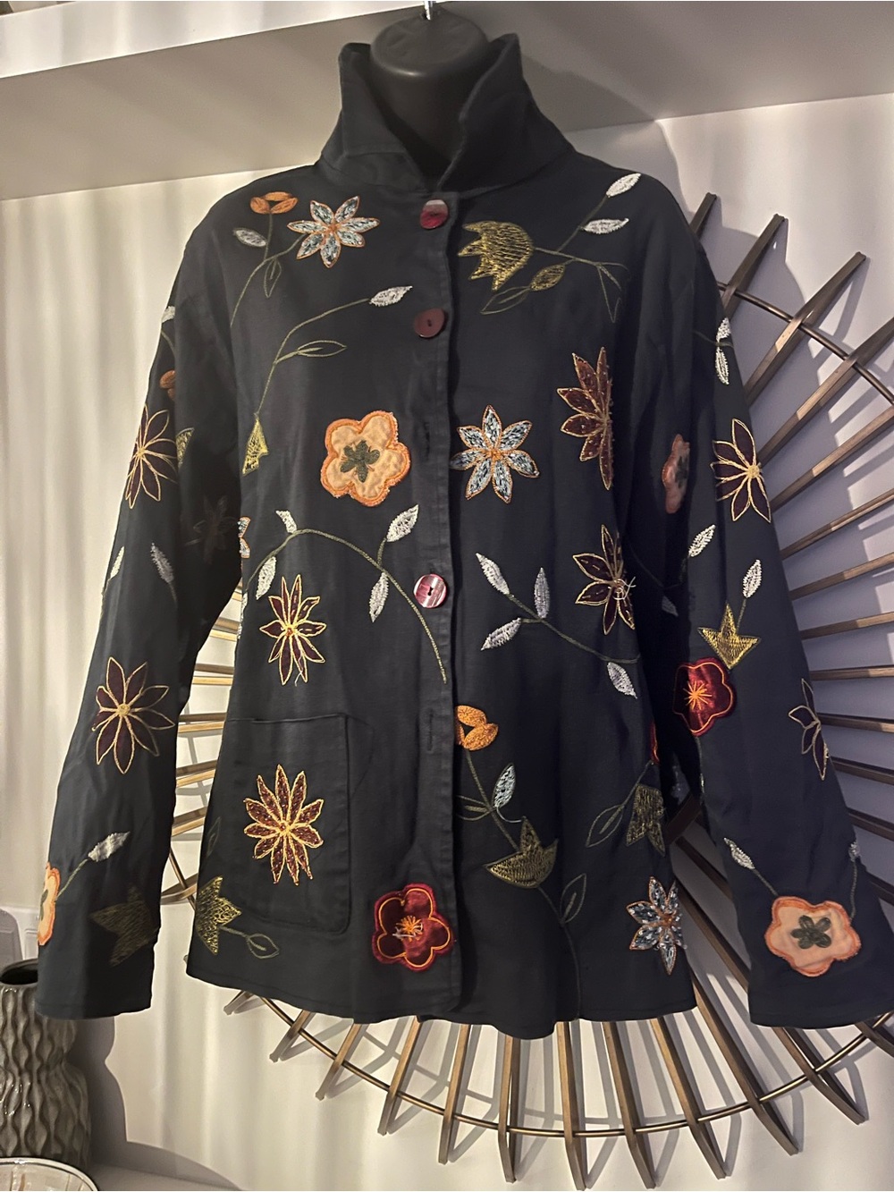 Parsley & Sage dark blue Jacket with Multicolor Floral Embroidery